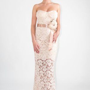 City Triangles Strapless Nude Floral Lace Floral Feather Ball Gown Dress XS